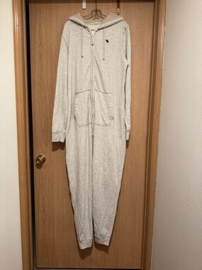 Abercrombie & Fitch Sherpa Lined Hood Logo Pajama Onesie L/XL Heathered Gray